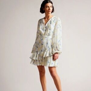 NWT Ted Baker Suziie Floral Ruffle Mini Dress Sky Blue Yellow Spring Easter US 2